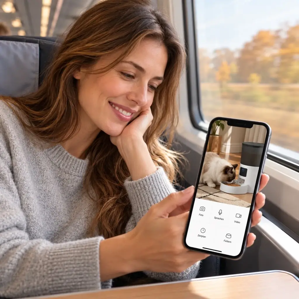 Frau im Zug sieht auf dem Smartphone ihre Ragdoll-Katze live am Futterautomaten