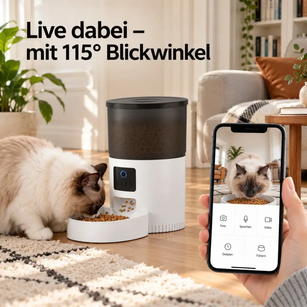 Ragdoll-Katze frisst am Futterautomaten, Kamera mit 115° Blickwinkel