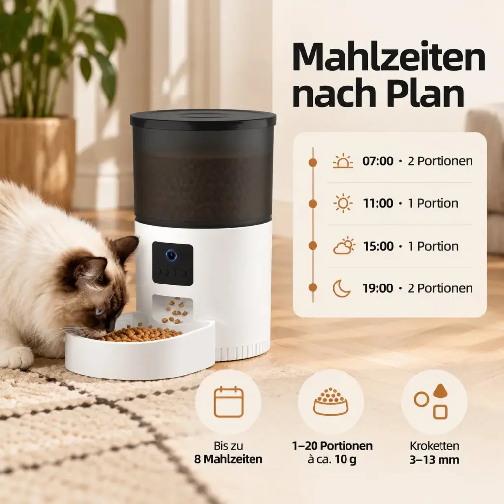 Futterautomat mit bis zu 8 Mahlzeiten und 1–20 Portionen als Infografik