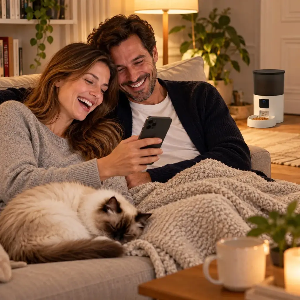 Paar schaut abends auf dem Sofa lustige Katzenvideos aus der App