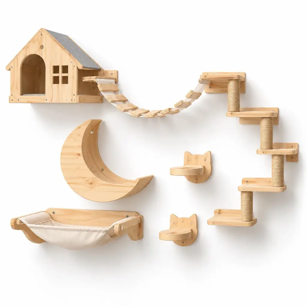 Katzen-Kletterwand-Set aus hellem Holz mit Hängebrücke, Sisaltreppe, Hängematte und Stufen auf weißem Hintergrund