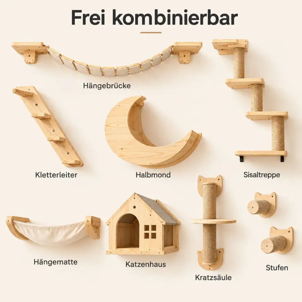 Übersicht der Kletterwand-Module: Hängebrücke, Leiter, Sisaltreppe, Halbmond, Hängematte und Katzenhaus
