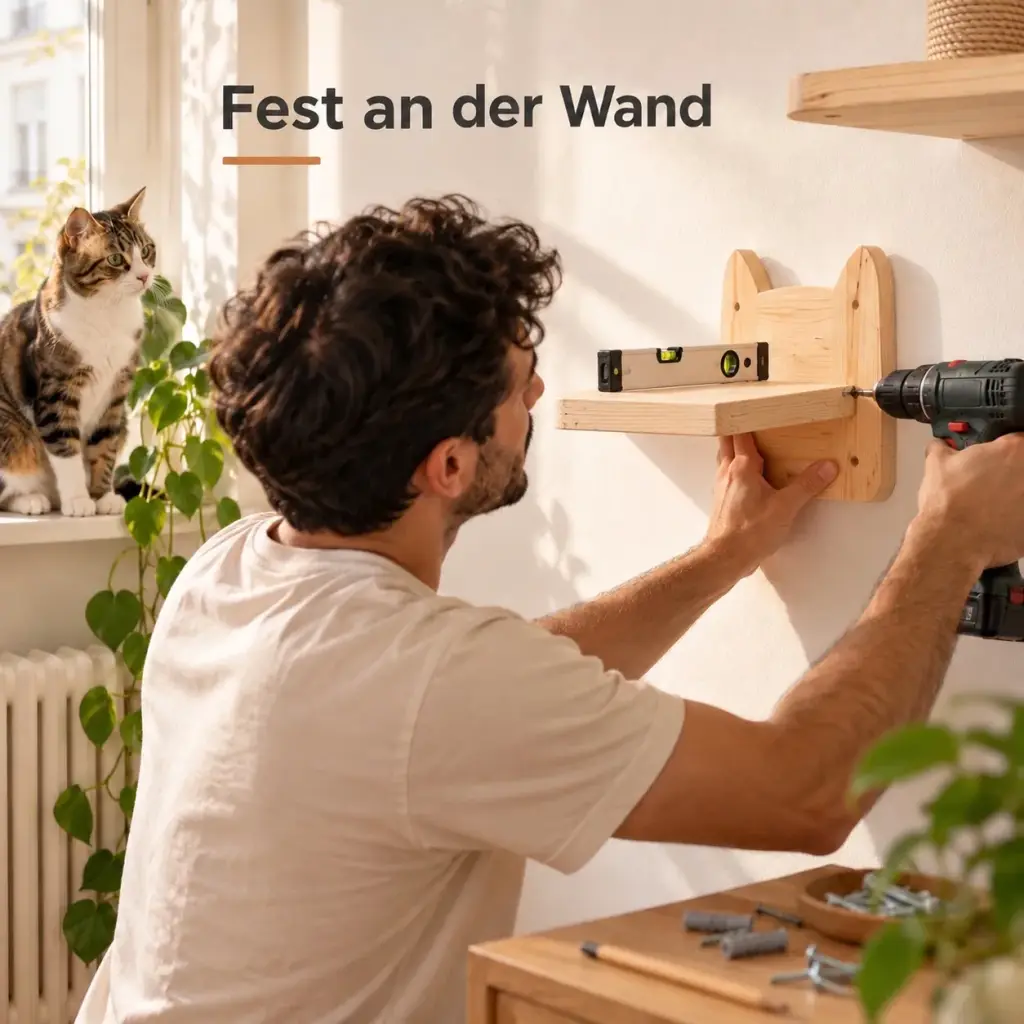 Montage eines Kletterwand-Elements mit Wasserwaage und Akkuschrauber an der Wand