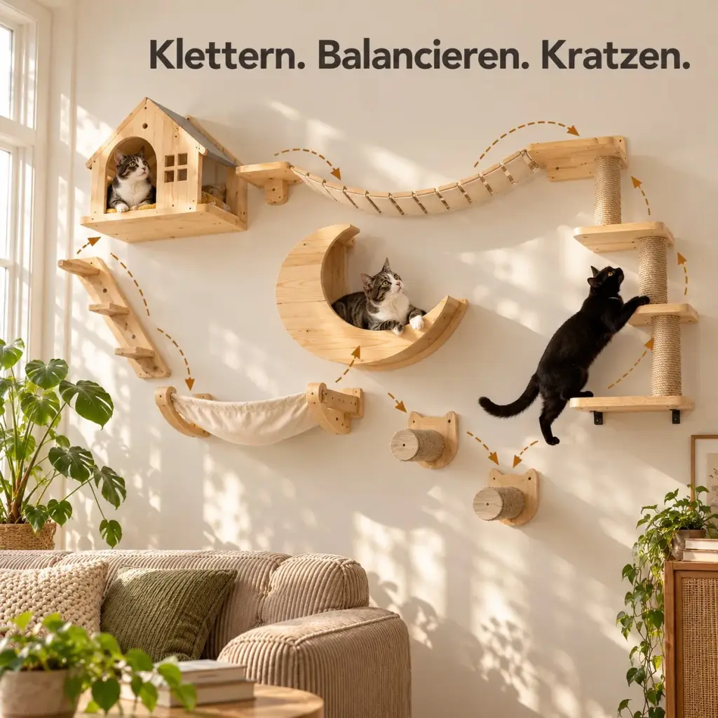 Katze klettert die Treppe mit Sisalsäulen an der Katzen-Kletterwand hinauf
