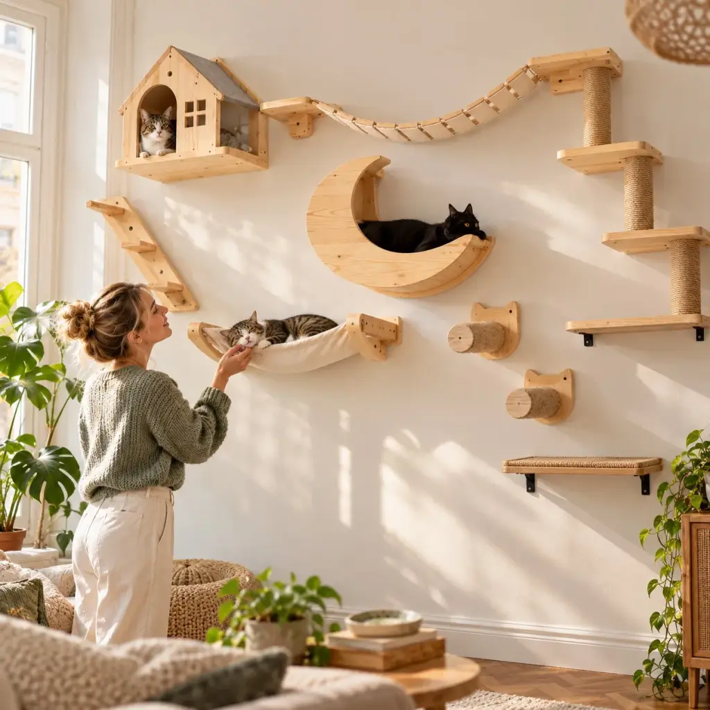 Zwei Katzen ruhen in Hängematte und Halbmond der Kletterwand