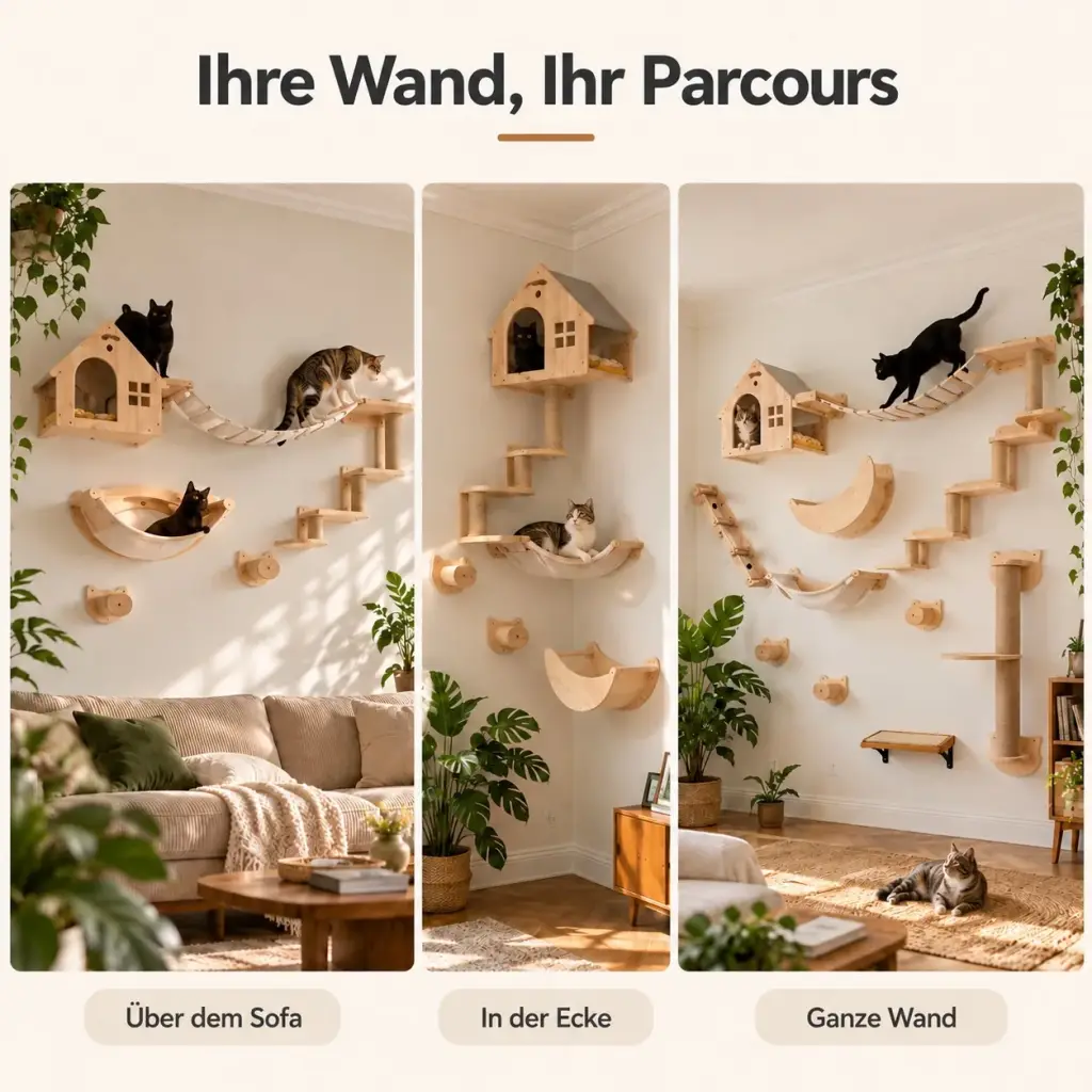 Drei Beispiele, wie sich die Module der Katzen-Kletterwand anordnen lassen