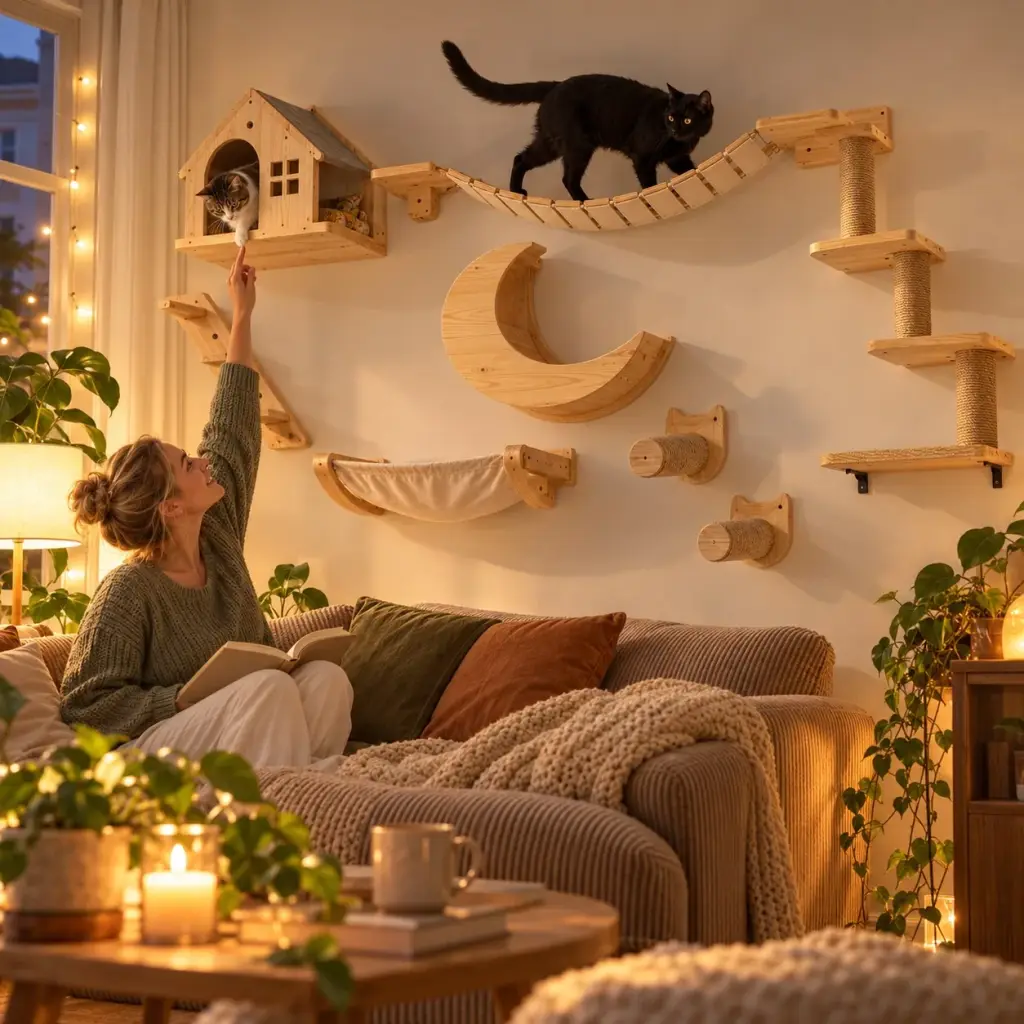 Katze schaut abends aus dem kleinen Haus der Kletterwand, ihre Besitzerin sitzt darunter auf dem Sofa