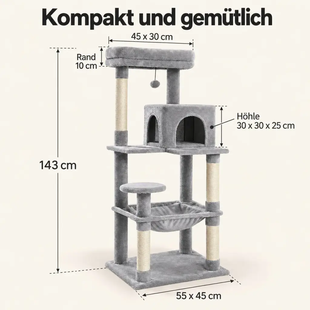 Maße des Katzenbaums: 143 cm Höhe, Grundfläche 55 × 45 cm