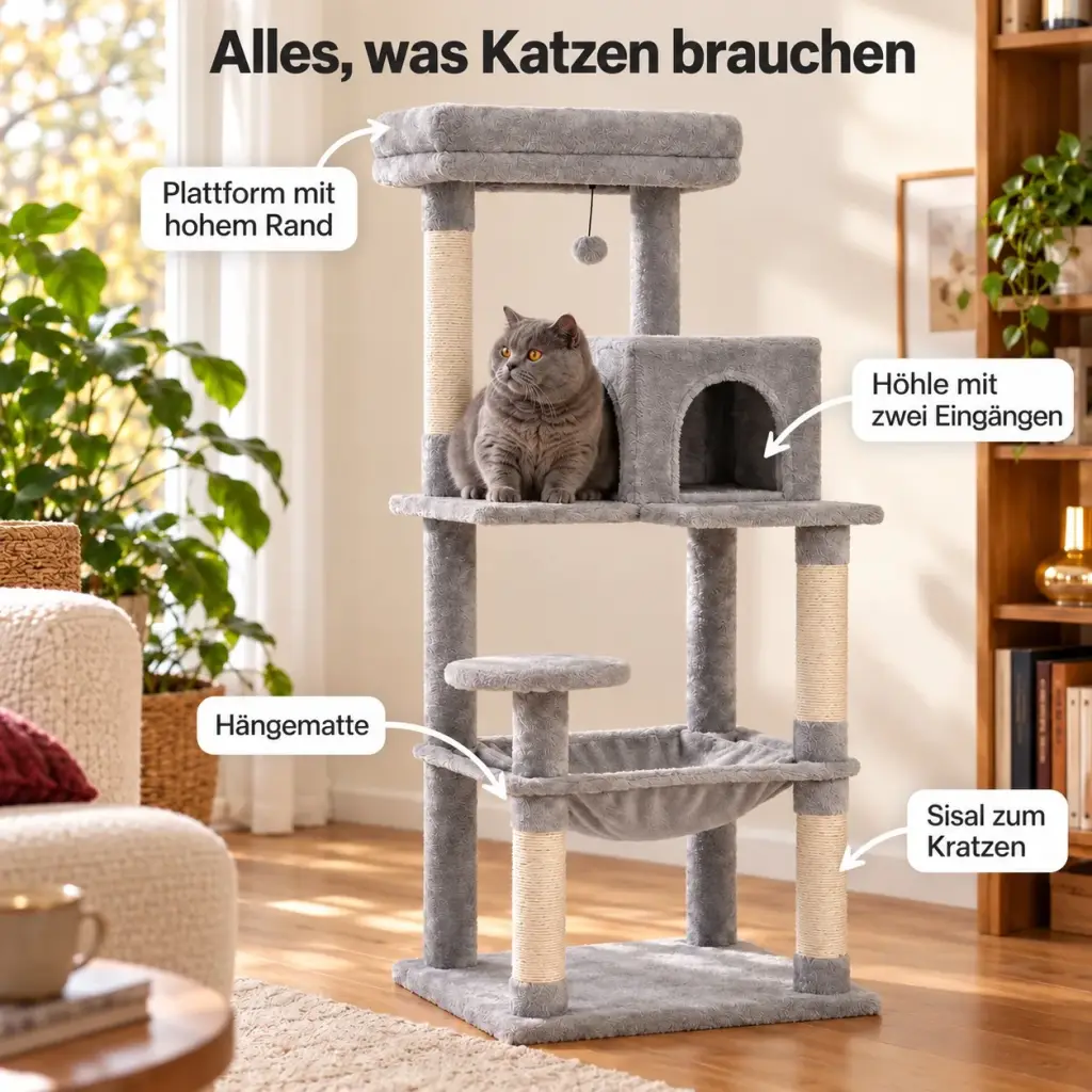 Details des Katzenbaums: Rand der Aussichtsplattform, Höhle, Hängematte, Sisal