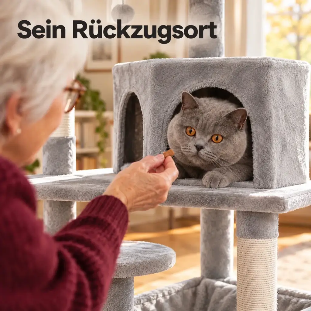 Graue Katze schaut aus der Höhle mit zwei Eingängen