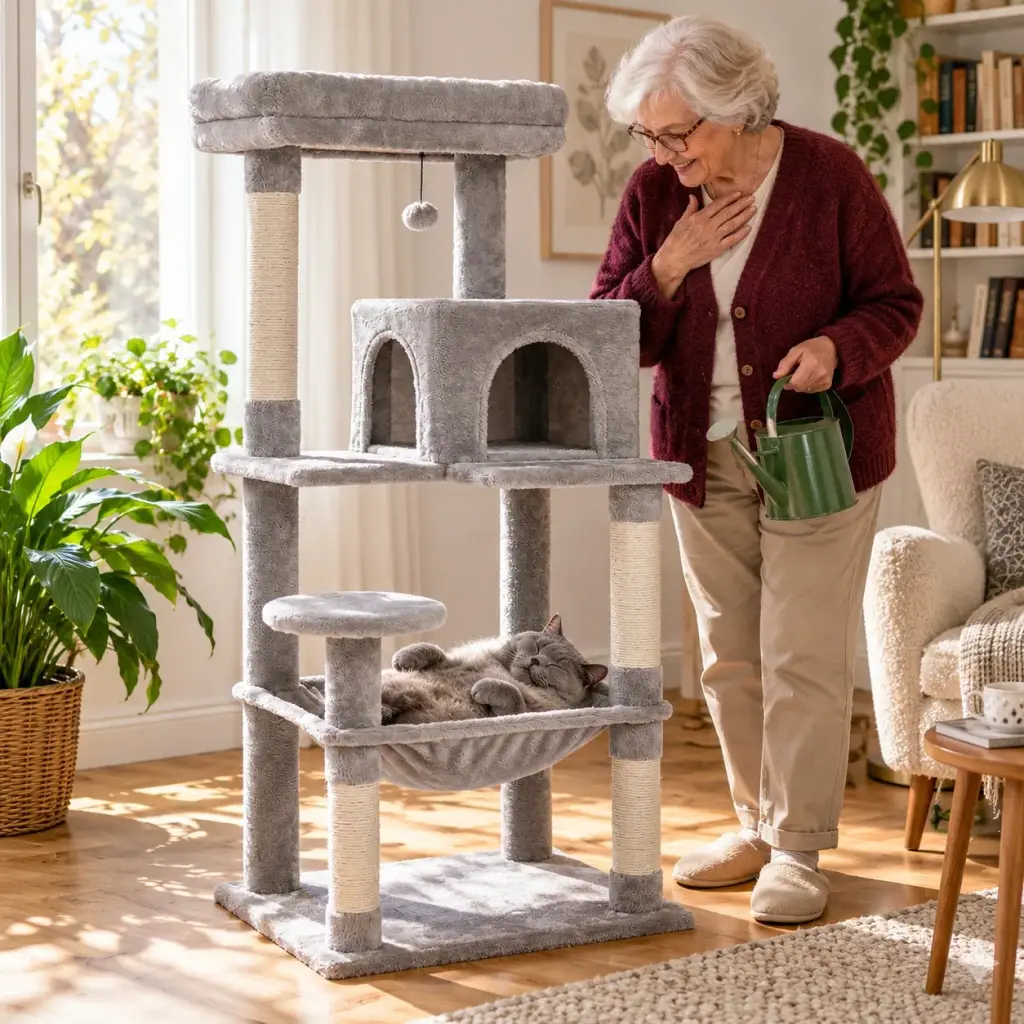 Kater schläft in der Hängematte des Katzenbaums