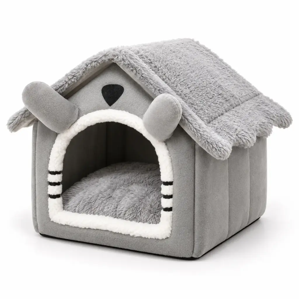 Graues Katzenbett im Hausformat mit Plüschdach auf weißem Hintergrund