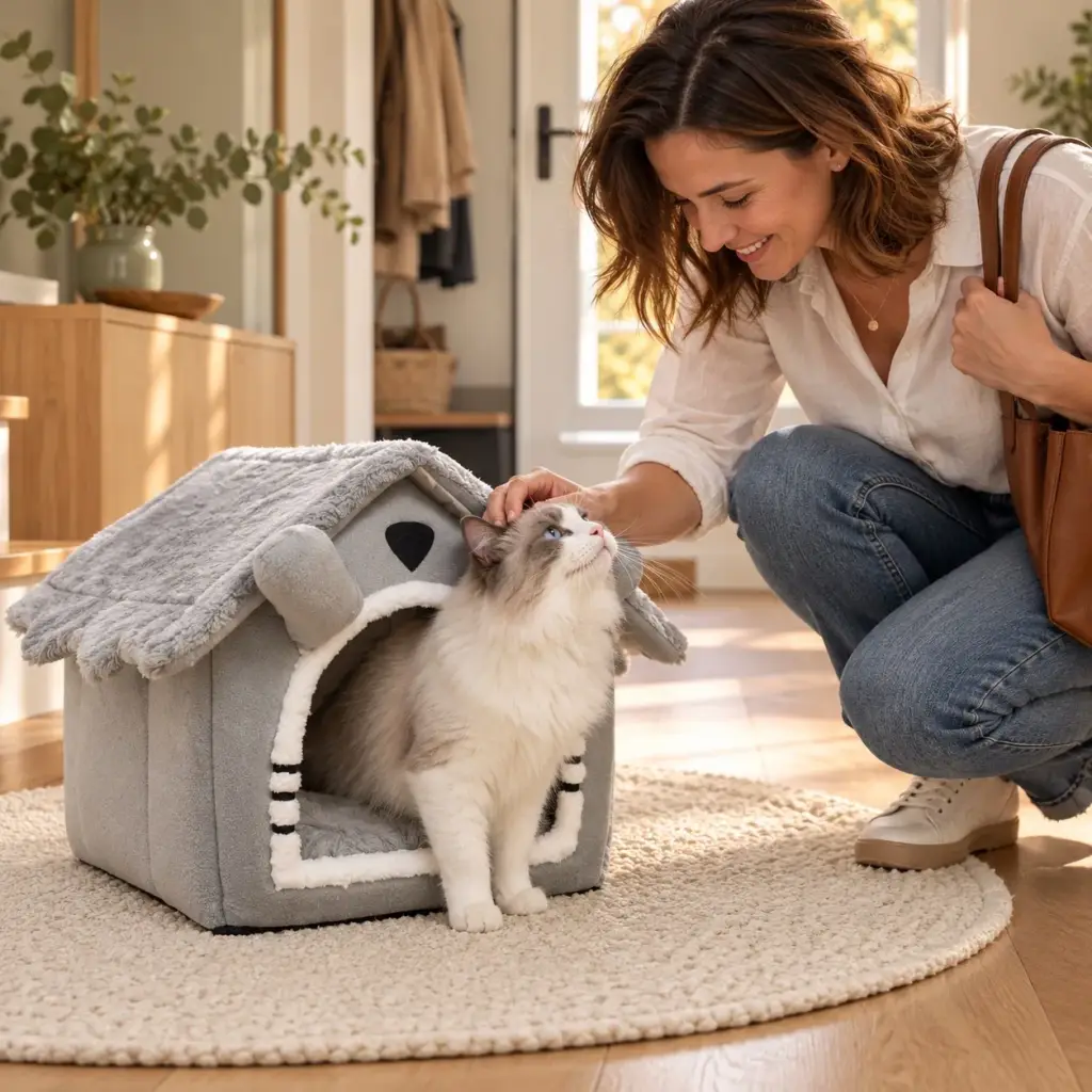 Ragdoll-Katze schaut aus dem grauen Katzenbett, während ihre Besitzerin nach Hause kommt