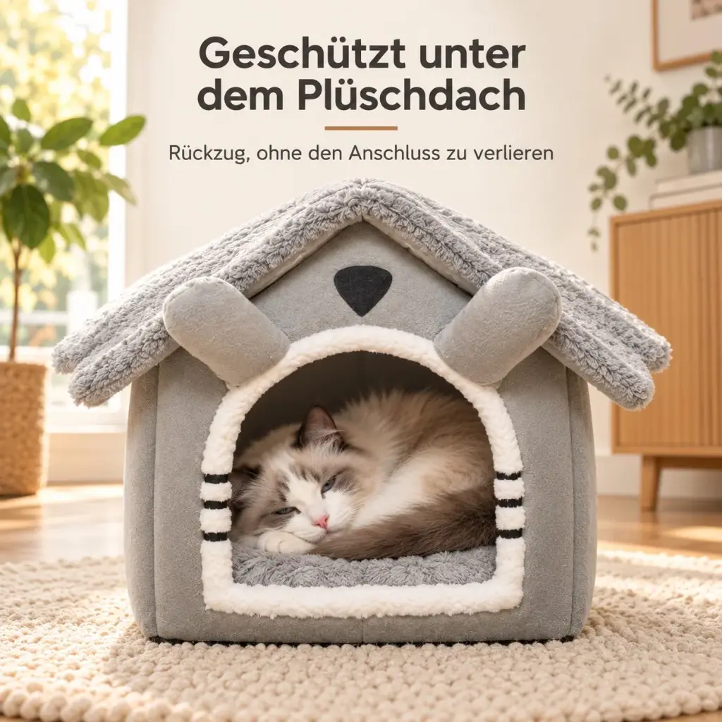 Katze liegt eingerollt im Katzenbett unter dem Plüschdach