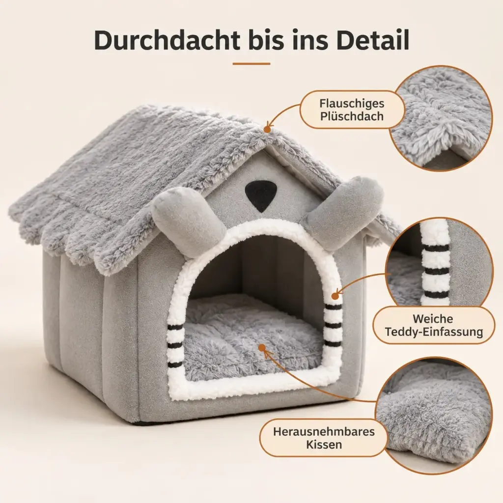 Details des Katzenbetts: Plüschdach, weiche Eingangseinfassung und Kissen