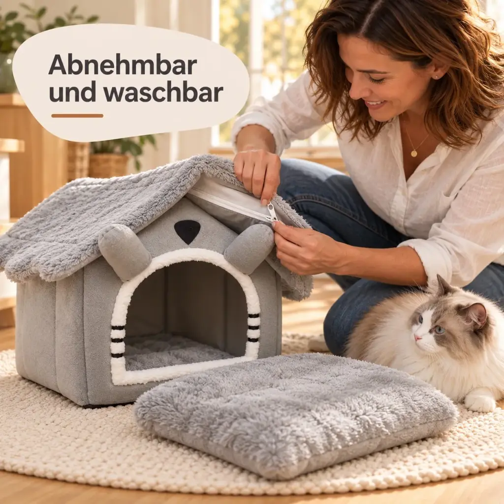 Hand öffnet den Reißverschluss unter dem Dach des Katzenbetts