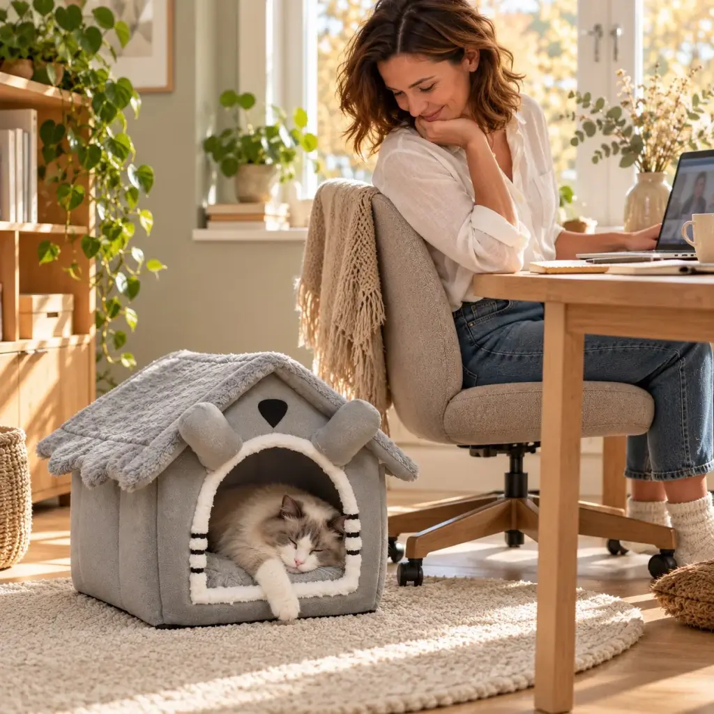 Katze schläft im Katzenbett neben dem Schreibtisch im Homeoffice