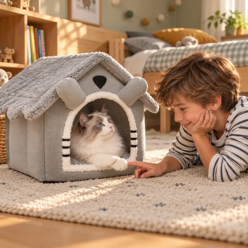 Kind und Katze vor dem grauen Katzenhaus im Kinderzimmer
