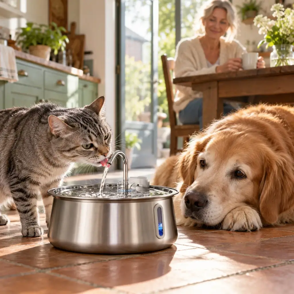 Golden Retriever und Katze trinken gemeinsam am Edelstahl-Katzenbrunnen in einer Landhausküche