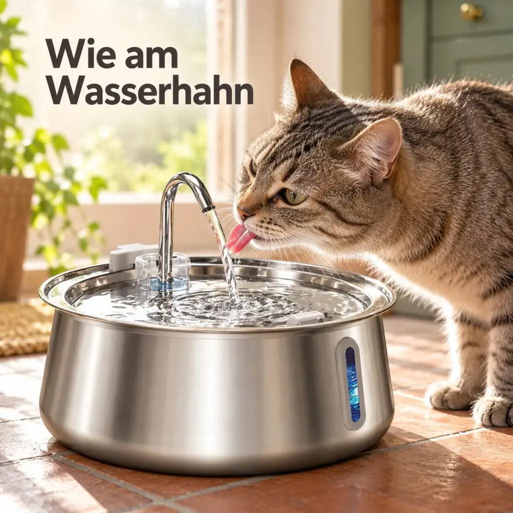 Katze trinkt direkt am Wasserstrahl des Edelstahl-Brunnens