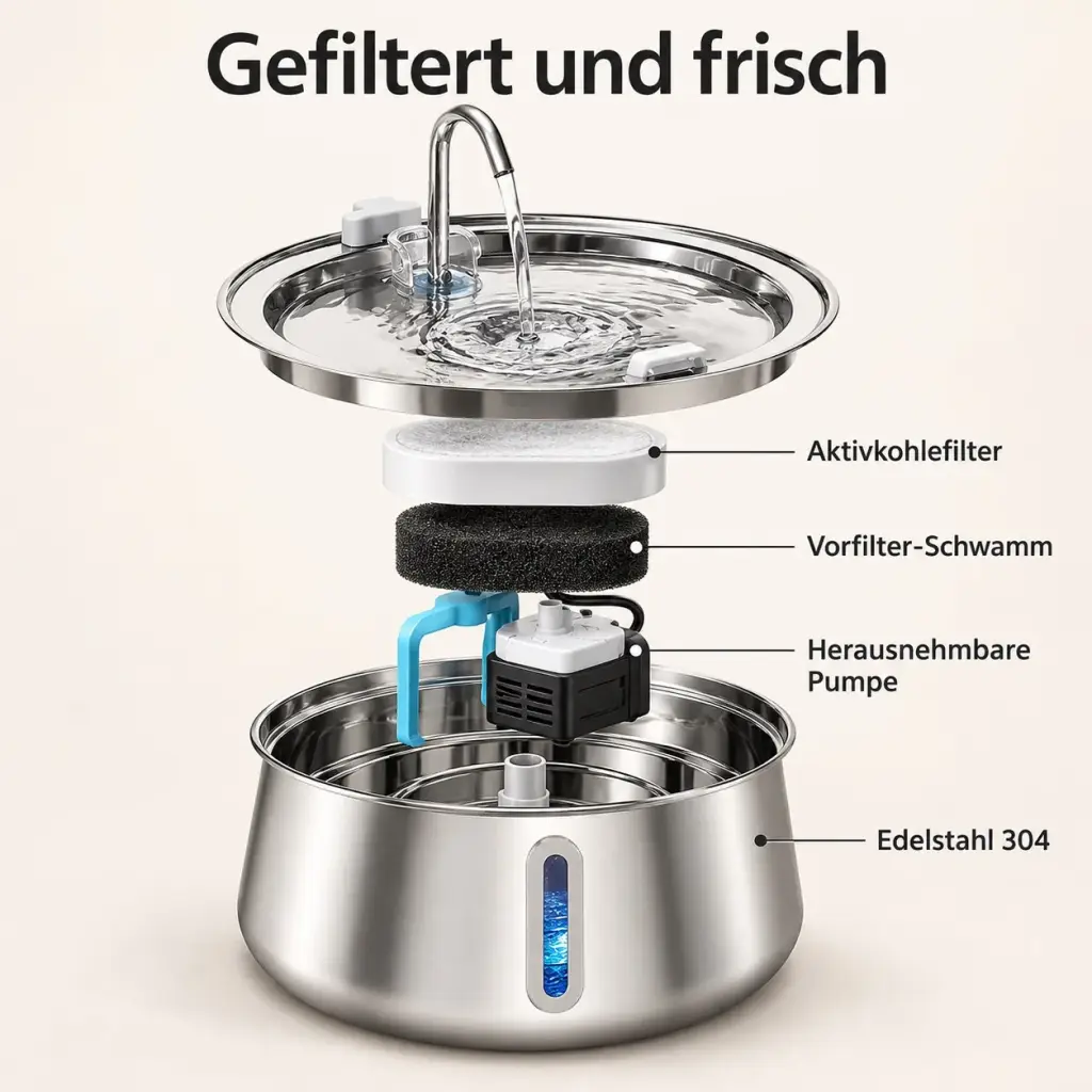 Explosionsansicht mit Edelstahldeckel, Aktivkohlefilter, Pumpe und Vorfilter-Schwamm