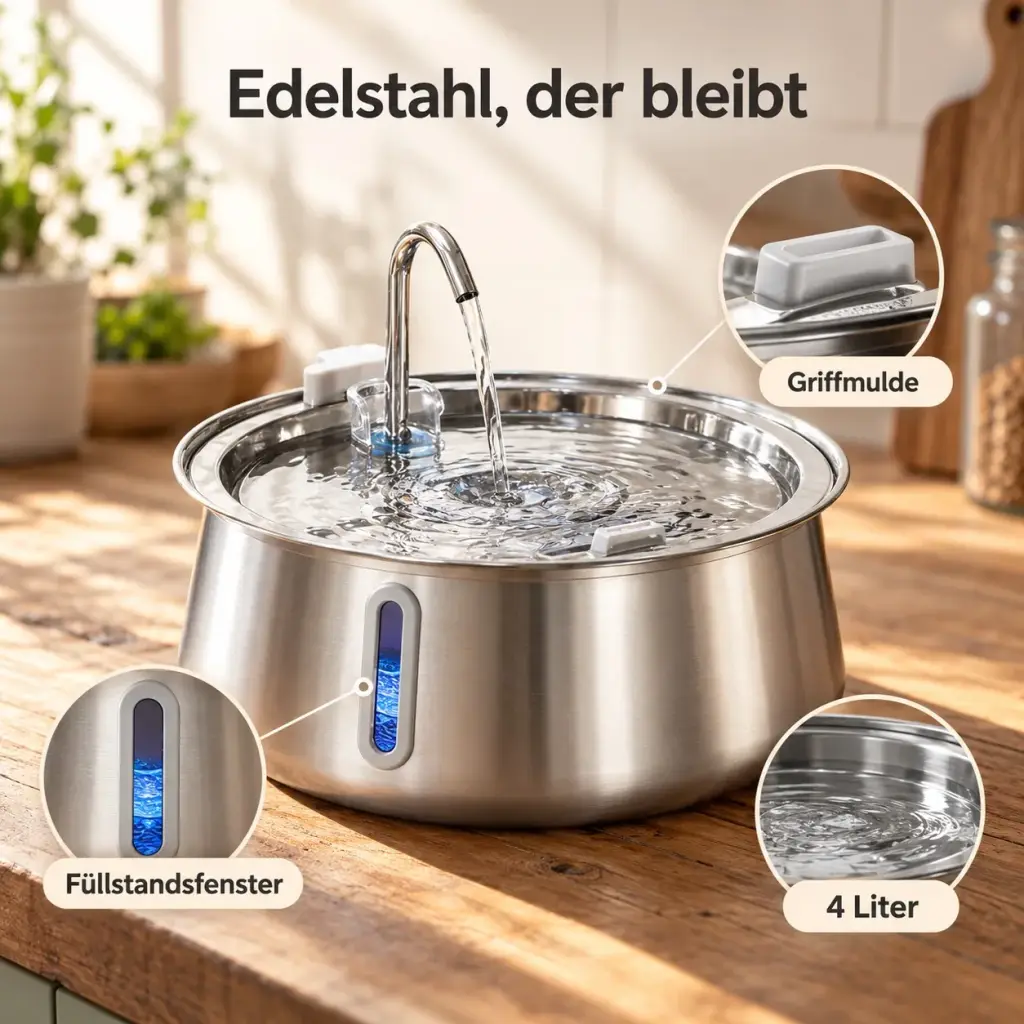 Detailansicht: Edelstahl-Becken, Füllstandsfenster und Griffmulde mit Beschriftung