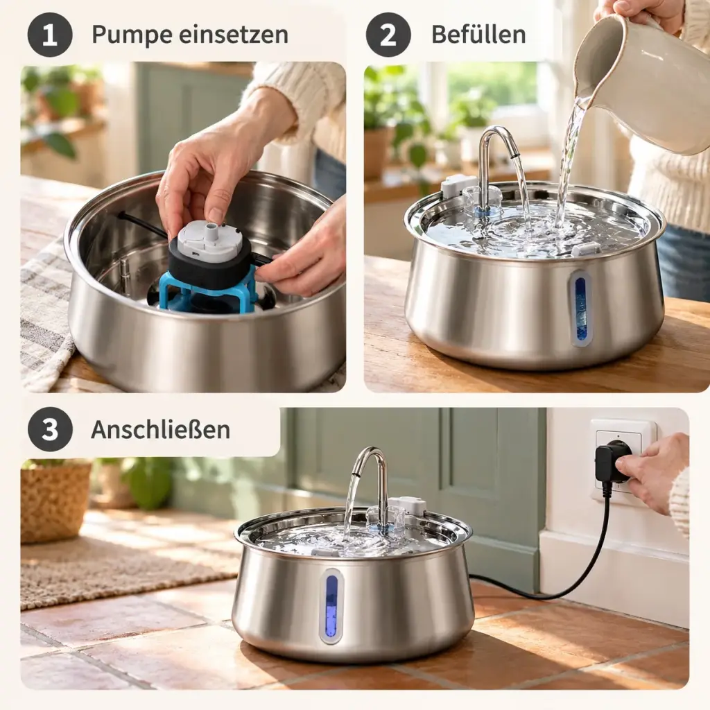 Hände setzen Pumpe und Filter ein und füllen Wasser in den Brunnen