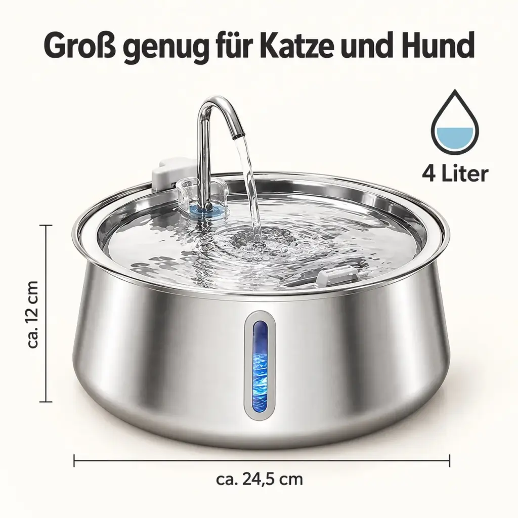 Maße des Katzenbrunnens: ca. 24,5 cm Durchmesser und 12 cm Höhe, 4 Liter