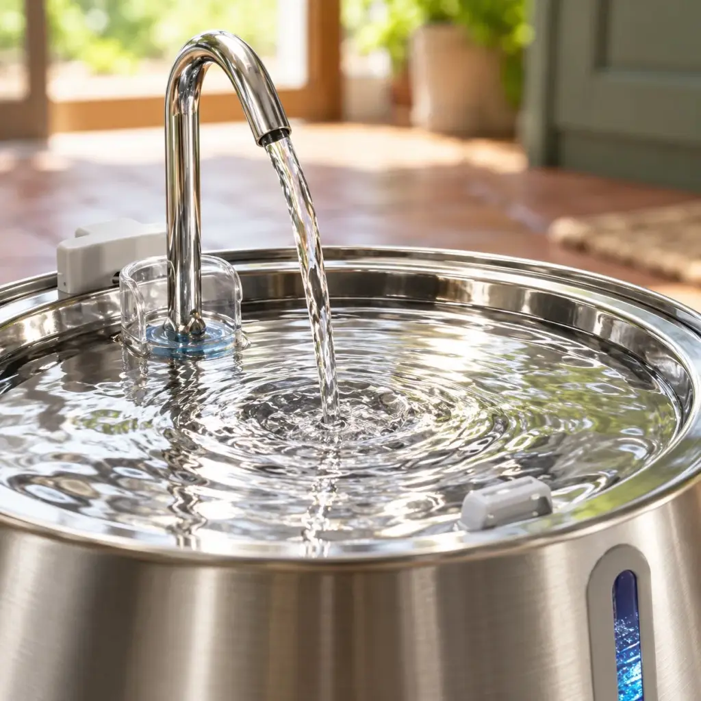 Nahaufnahme des Wasserstrahls aus dem Metall-Auslauf