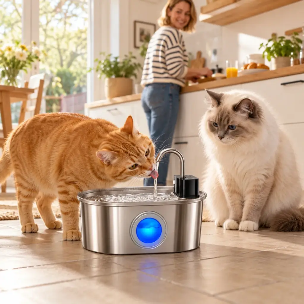 Katze trinkt an einem Trinkbrunnen aus Edelstahl in der Küche