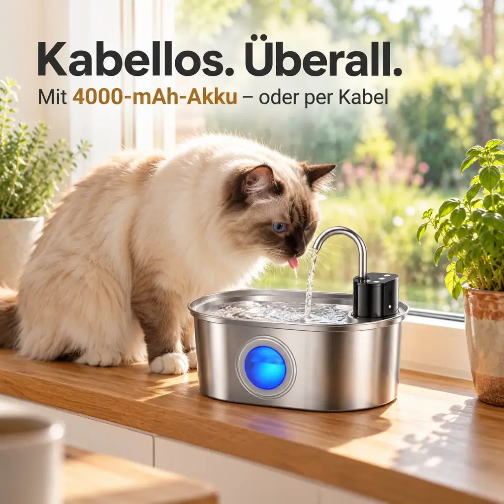 Kabelloser Katzenbrunnen auf der Fensterbank, Katze trinkt mit Blick in den Garten