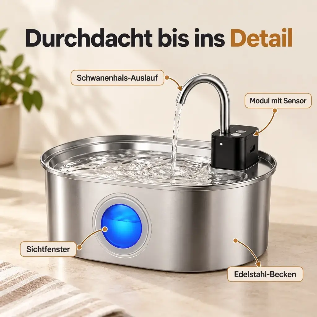 Detailansicht: Auslauf, Bedienmodul, Sichtfenster und Edelstahl-Becken mit Beschriftung