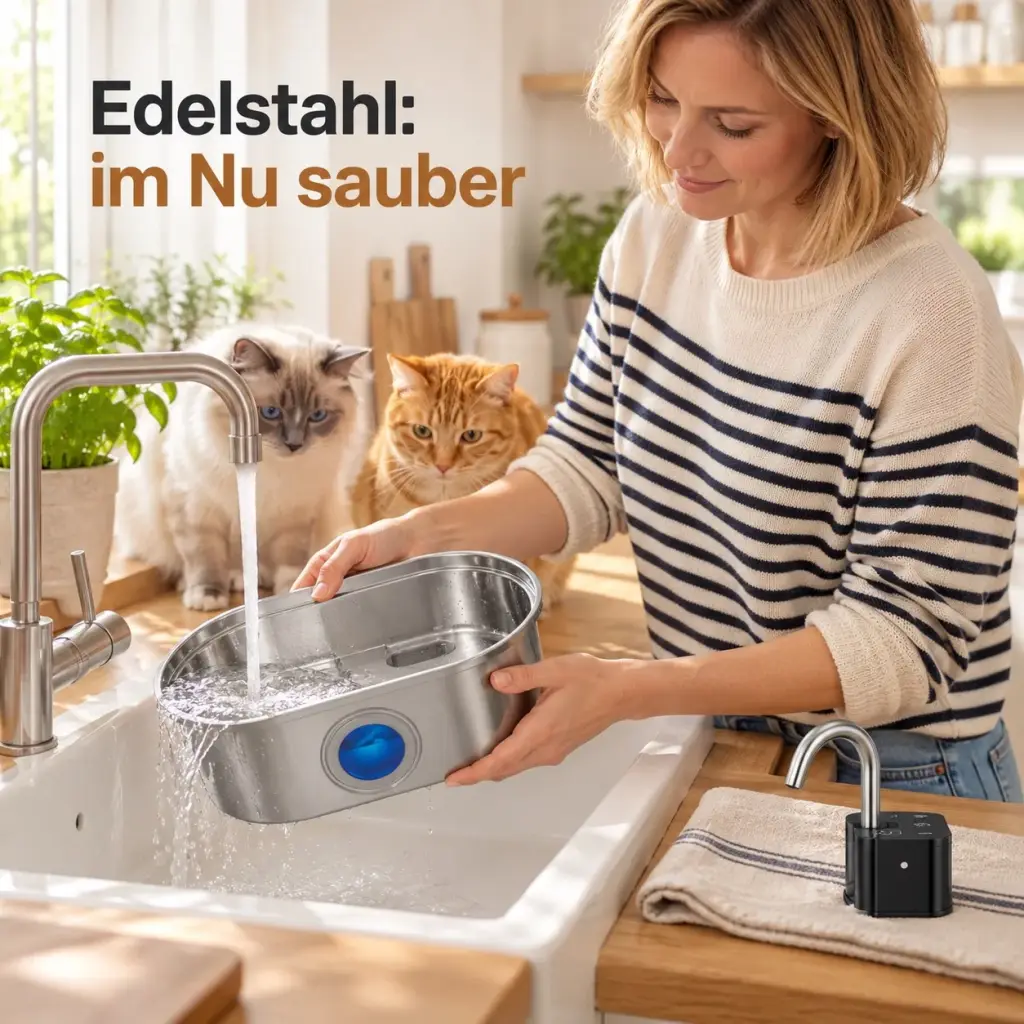 Edelstahl-Becken des Trinkbrunnens beim Ausspülen an der Spüle