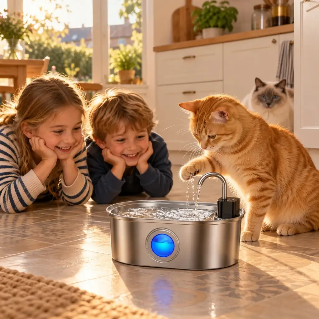 Kinder beobachten eine Katze, die mit der Pfote nach dem Wasserstrahl tippt