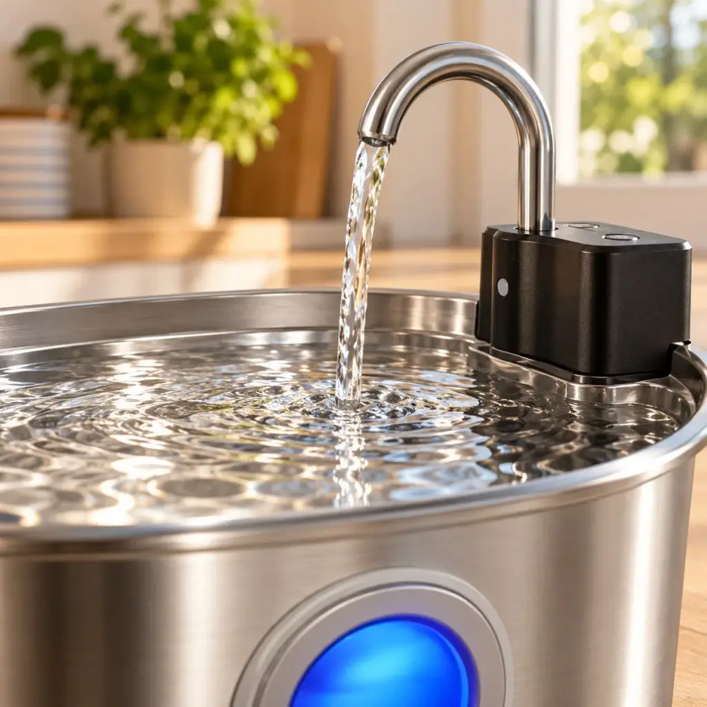 Nahaufnahme des Wasserstrahls und der gebürsteten Edelstahl-Oberfläche