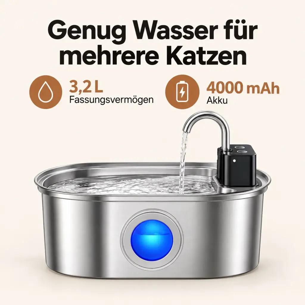 Katzenbrunnen mit Edelstahl-Becken: 3,2 Liter Fassungsvermögen und 4000 mAh Akku als Infografik