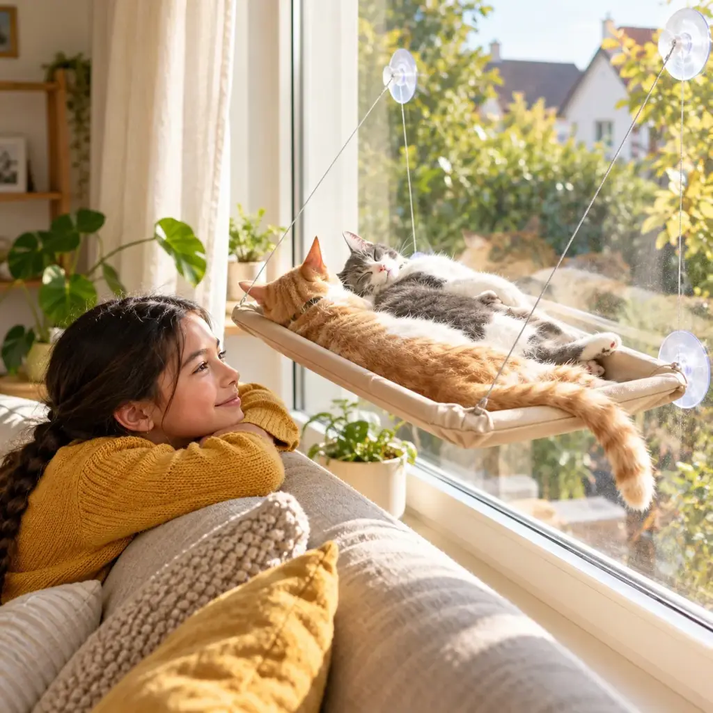 Zwei Katzen liegen gemeinsam in der Katzenhängematte am Fenster, ein Mädchen schaut ihnen zu