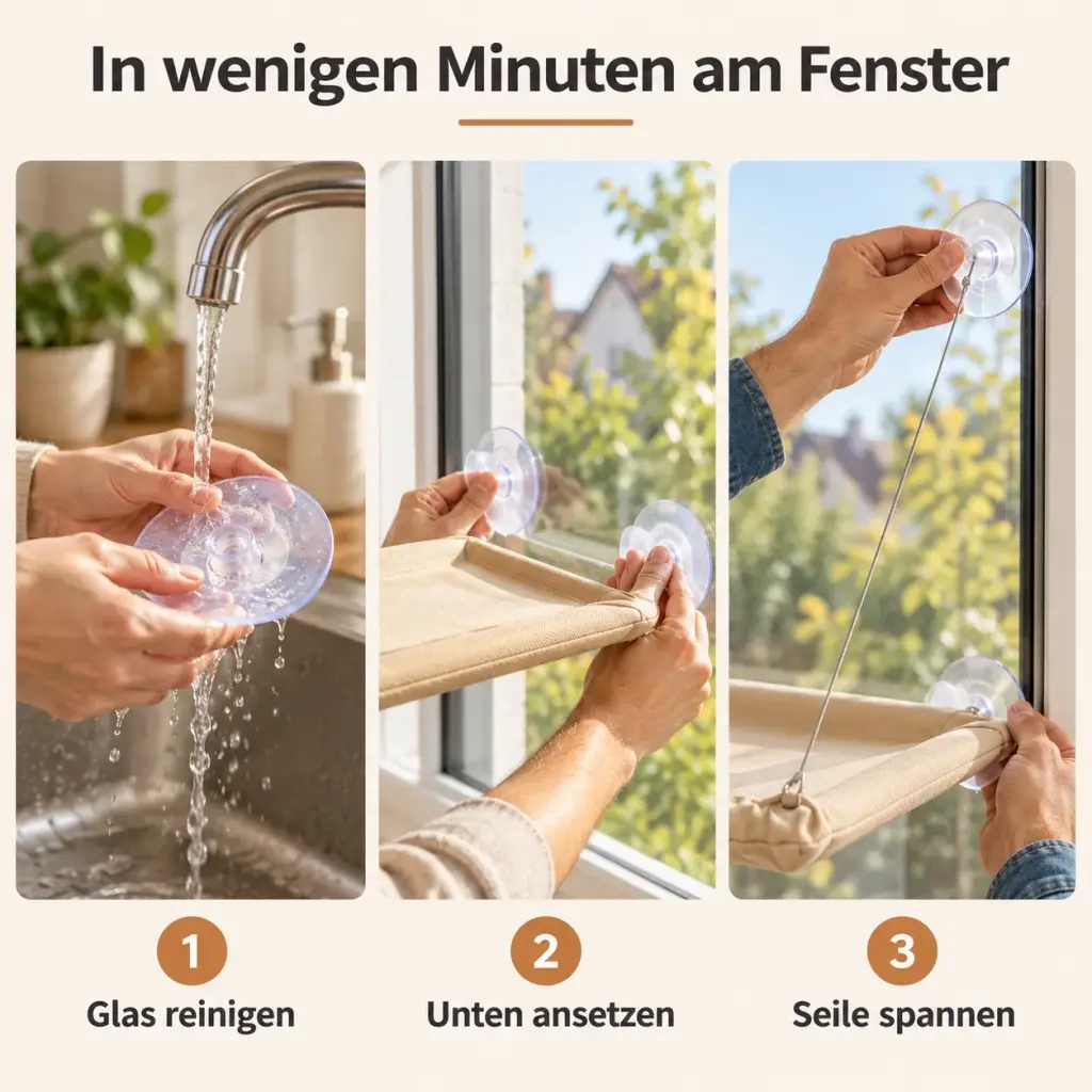Anbringen der Katzenhängematte: Saugnäpfe an die Scheibe drücken und Stahlseile spannen