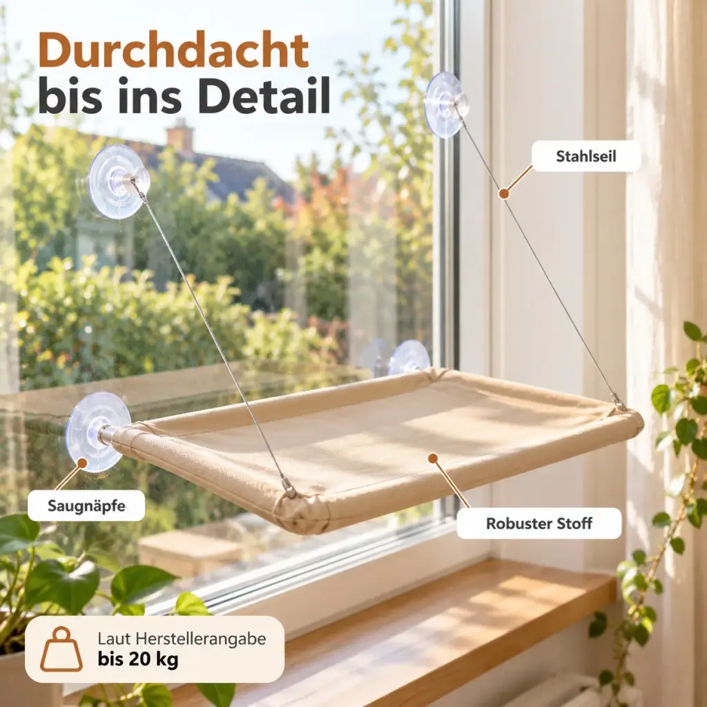 Details der Katzenhängematte: Saugnäpfe, Stahlseile und robuster Stoff