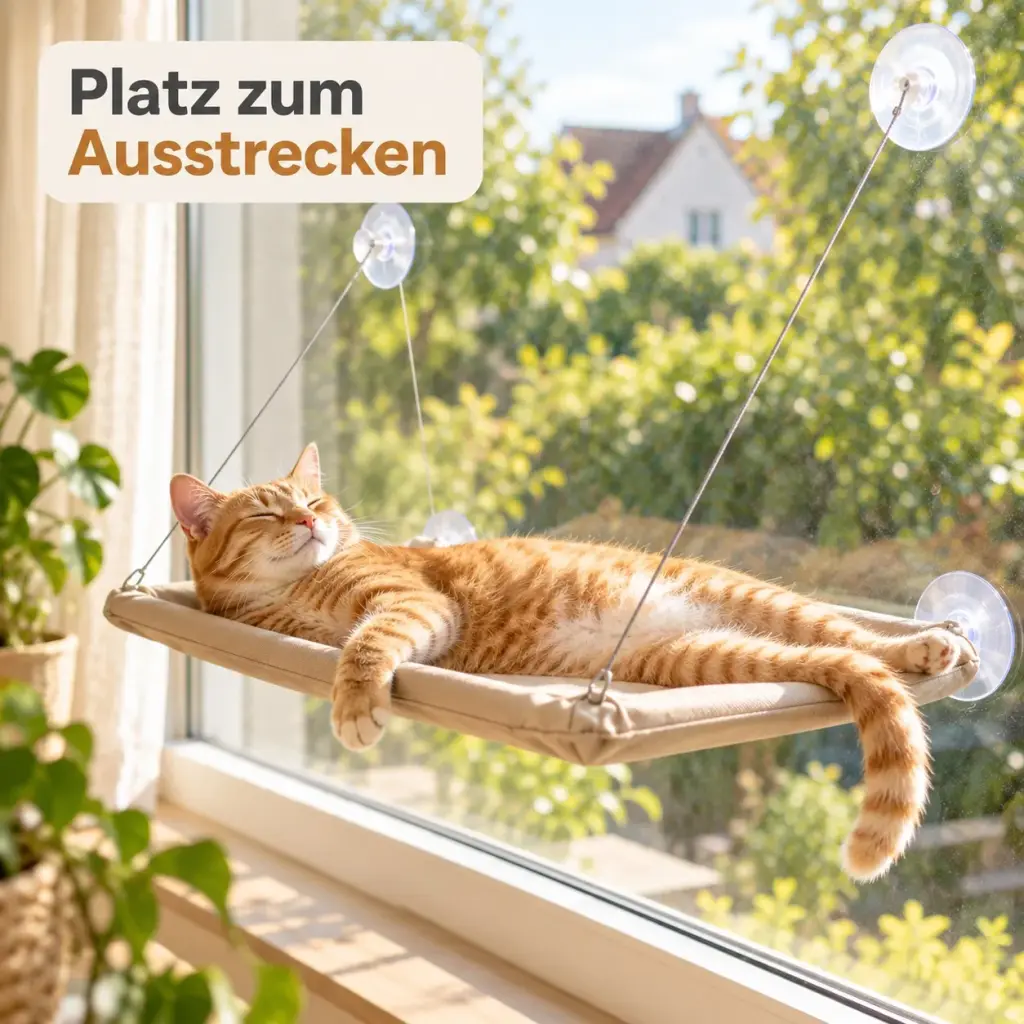 Große Katze liegt ausgestreckt in der Katzenhängematte am Fenster