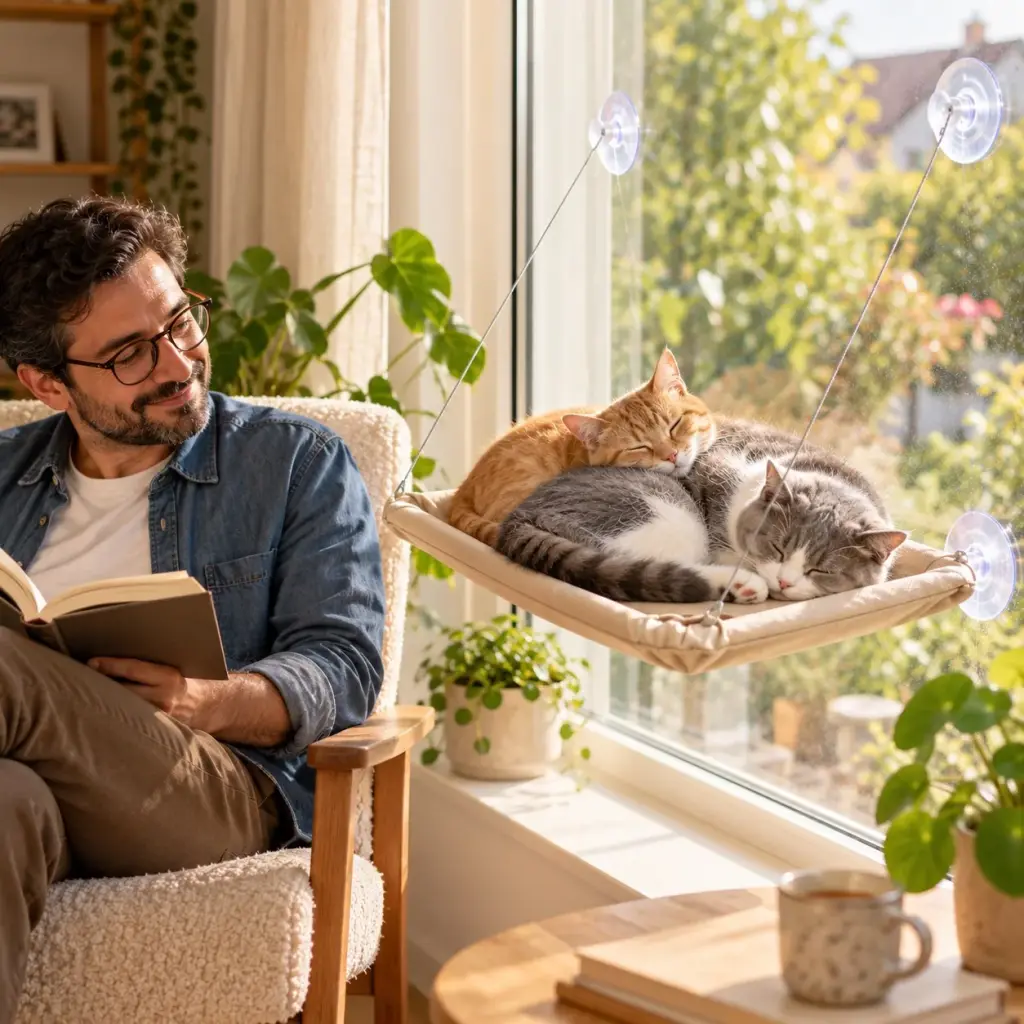 Zwei Katzen dösen nebeneinander in der Fensterhängematte in der Sonne