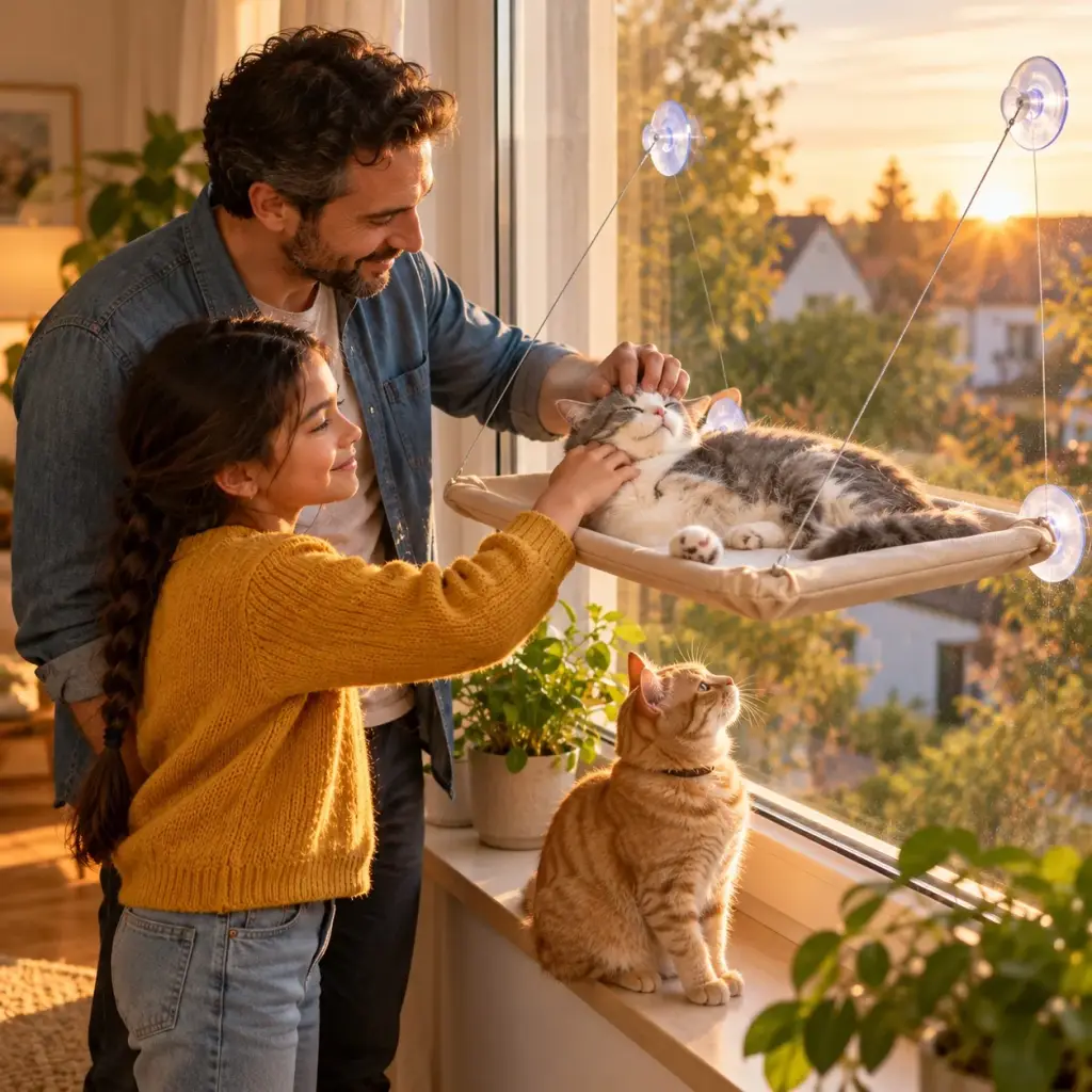 Vater und Tochter streicheln die Katze in der Fensterhängematte in der Abendsonne