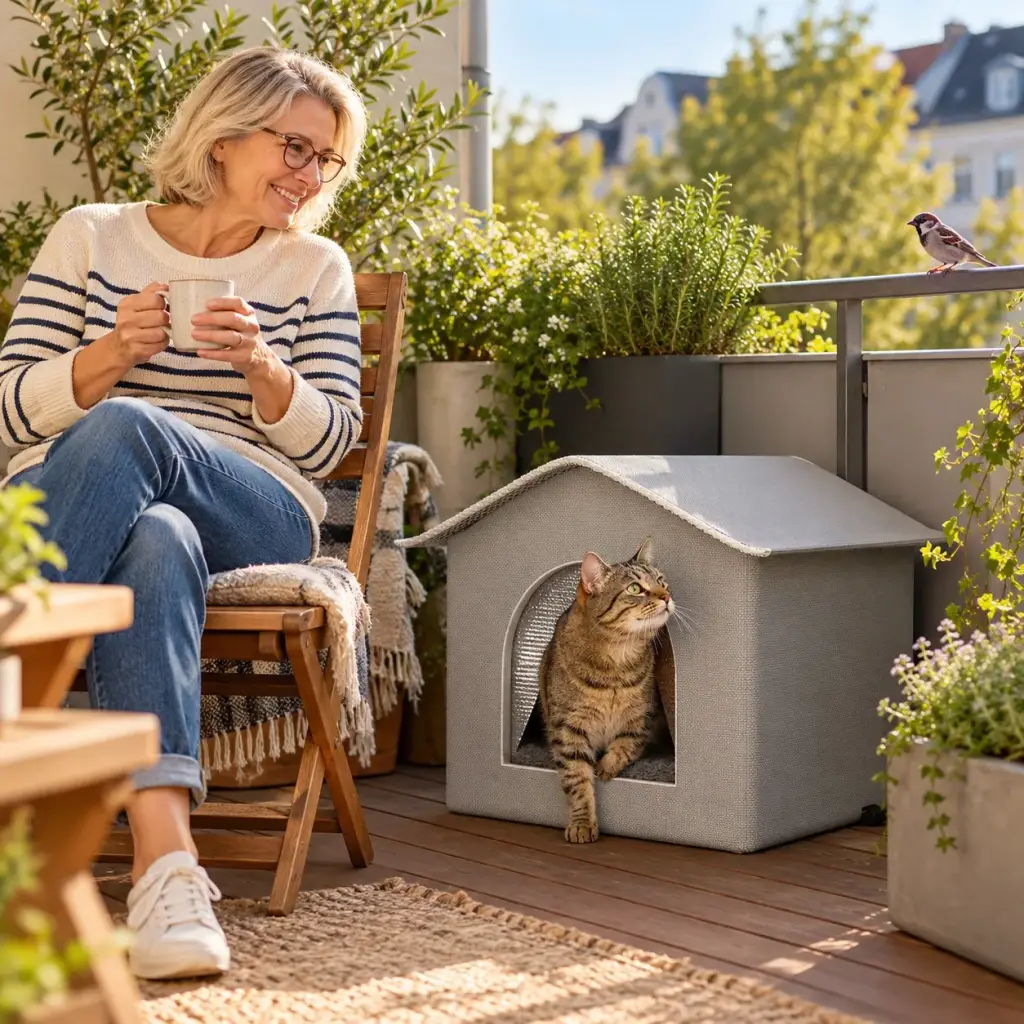 Getigerte Katze schaut auf dem Balkon aus dem Katzenhaus, daneben ihre Besitzerin mit Kaffee