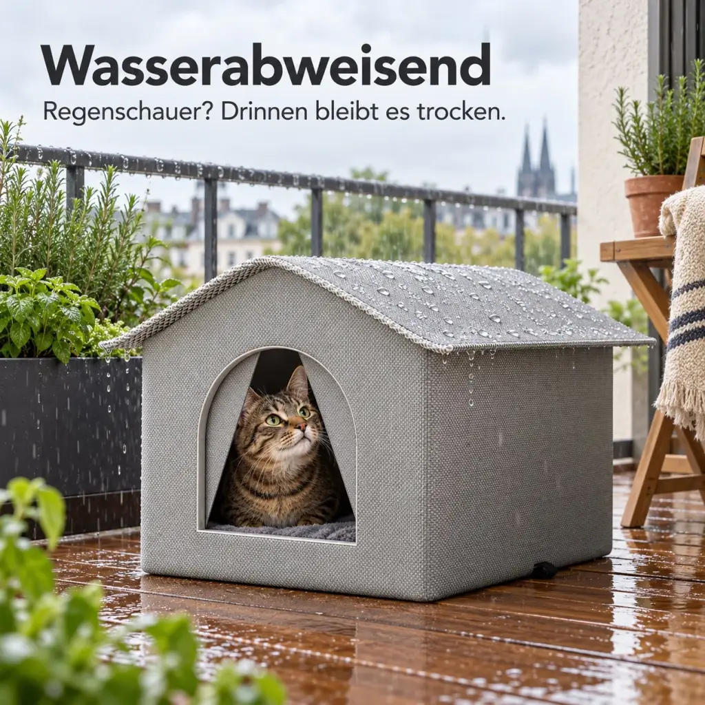 Regentropfen perlen am wasserabweisenden Dach des Katzenhauses ab