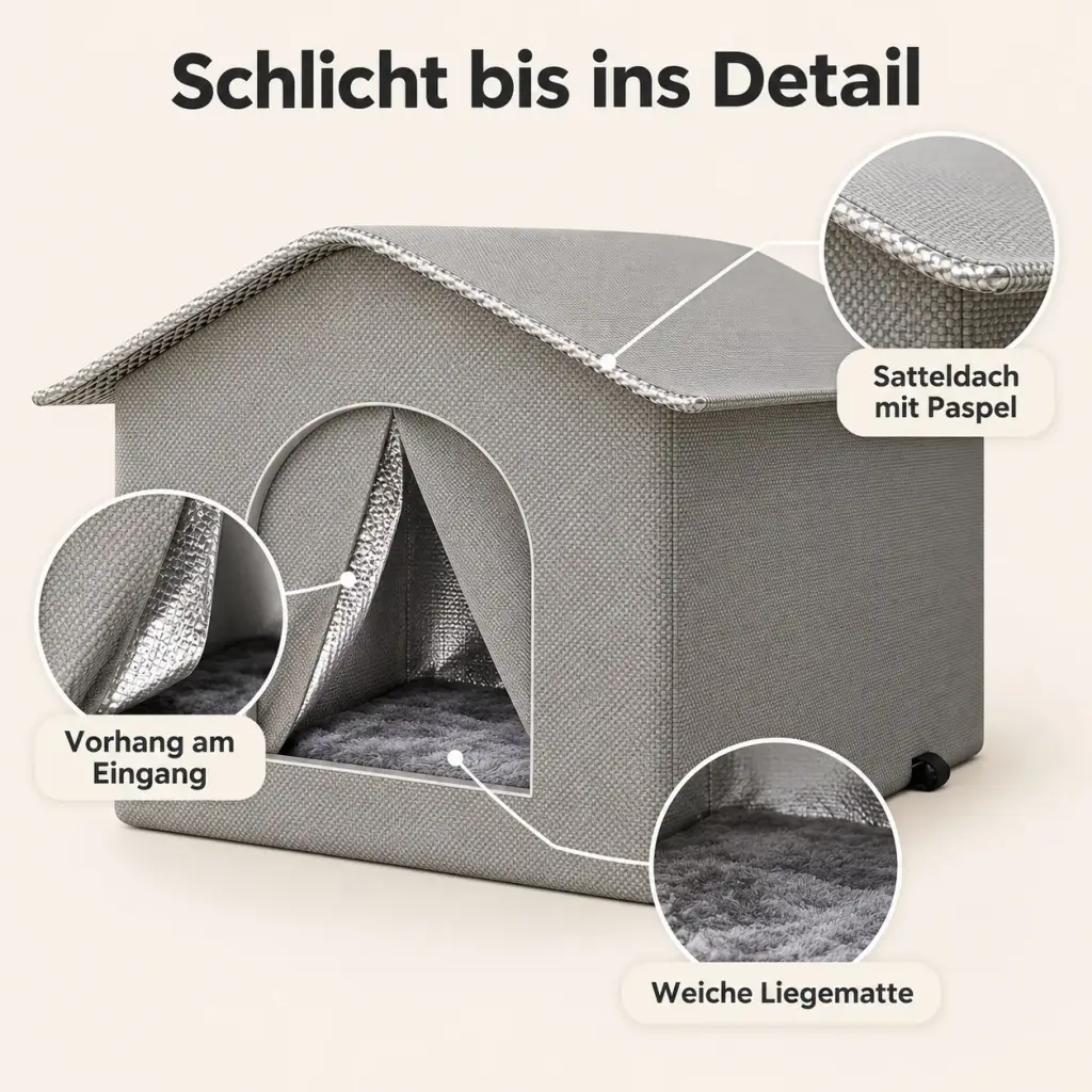 Details des Katzenhauses: Satteldach mit Paspel, Eingang mit Vorhang, Liegematte