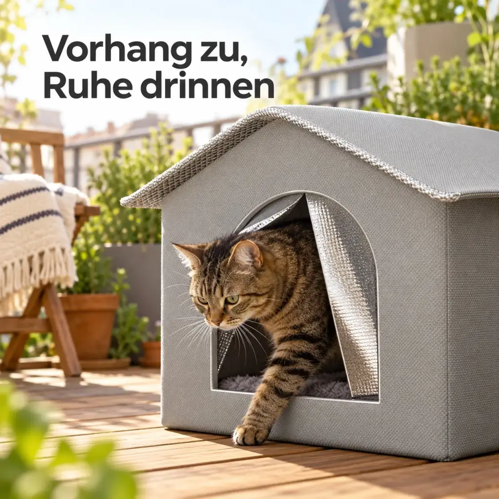 Katze schiebt mit dem Kopf den Vorhang am Eingang zur Seite