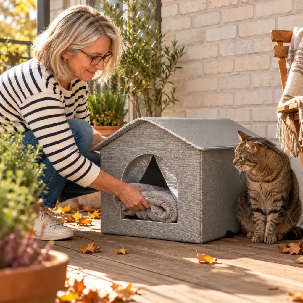 Katzenhaus an der Hauswand auf einer überdachten Terrasse