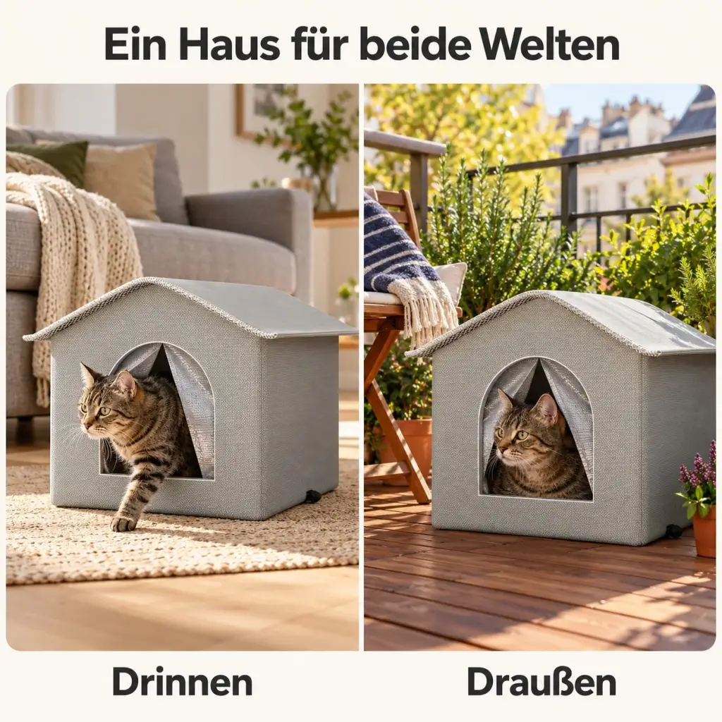 Katzenhaus einmal im Wohnzimmer und einmal auf dem Balkon – drinnen und draußen