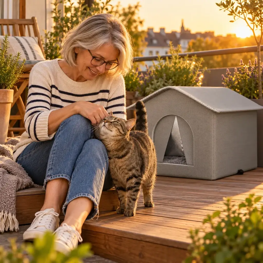 Ältere Frau streichelt ihre Katze vor dem Katzenhaus auf der Terrasse in der Abendsonne