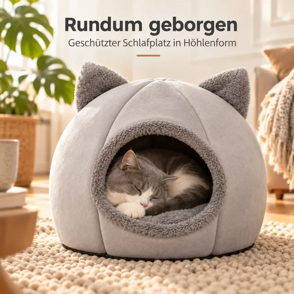 Katze liegt eingerollt im Inneren der Katzenhöhle